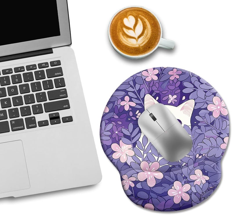 LIMKRIAN Purple Mouse Pad with Wrist Rest, Cat Ergonomic Mouse Pad Wrist Support with Non-Slip Pain Relief PU Base, Funny Computer Mousepad, Cute Kawaii Purple Office Supplies Desk Accessories Decor - Image 2